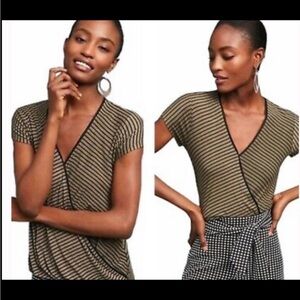 Anthropologie Maeve Leila Striped Faux Wrap Olive Blouse